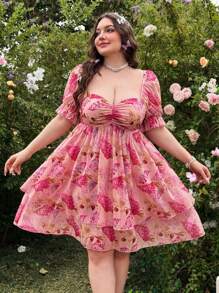 Lyrianda Plus Size Vintage Floral Ruffle Hem Lantern Sleeve Mini Dress For Women, Casual, Office, Beach, Wedding, Spring/Summer