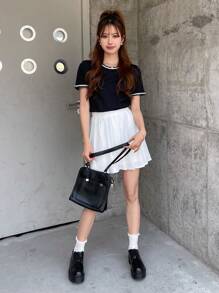 DAZY Camiseta De Cuello Redondo Con Detalles De Contraste - Negro - Ver 9