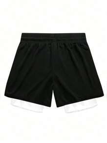 Manfinity Sport Corelite 1pc Men's Fitness Shorts, Running Training Shorts, Basketball Shorts, With Quick-Dry Lining And 2-In-1 Design, Spring And Summer - Black and White - View 2