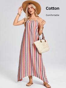 SHEIN LUNE 女款春季彩色条纹不对称下摆吊带连衣裙