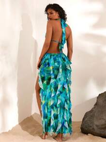 Opulessa 女式针织网眼印花细肩带开衩镂空连衣裙