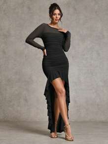 SHEIN BAE Autumn Clothing Long-Sleeved Dress Mesh Dress Ruffle Dress Fishtail Skirt Elegant Tea Break Date Travel Outfit Romantic Sweet Maxi Dress