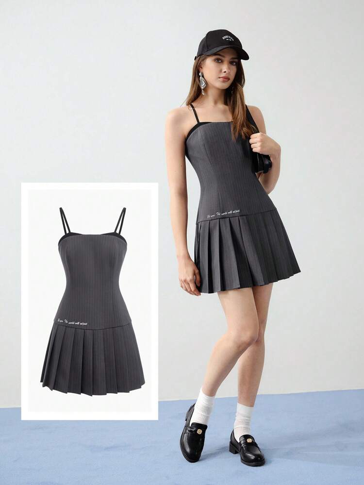 MOTF STUDIO LETTER EMBROIDERY PLEATED CAMI DRESS,SPRING/SUMMER