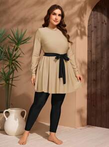 Swim Mulvari Plus Size Women 2 Pieces Set Solid Color Modest Mid-Length Belted Long Sleeve Top And Pants, Retro Style Modest Burkini Swimwear Set Clothing Burkinis - Multicolor - View 6