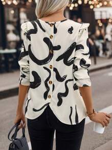 SHEIN Clasi Graphic Print Button Back Ruffle Trim Blouse,Three Quarter Sleeve Tops - Multicolor - View 4