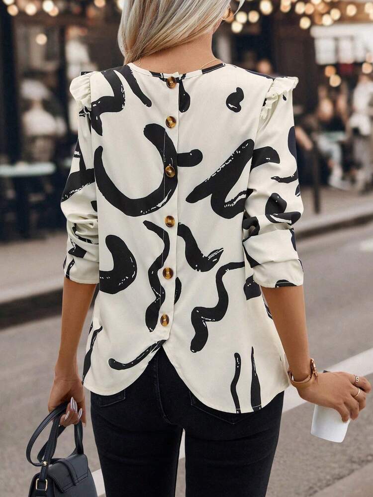 SHEIN Clasi Blusa con estampado gráfico, volantes y cierre trasero con botones, blusas de manga tres cuartos - Multicolor - Añade 4