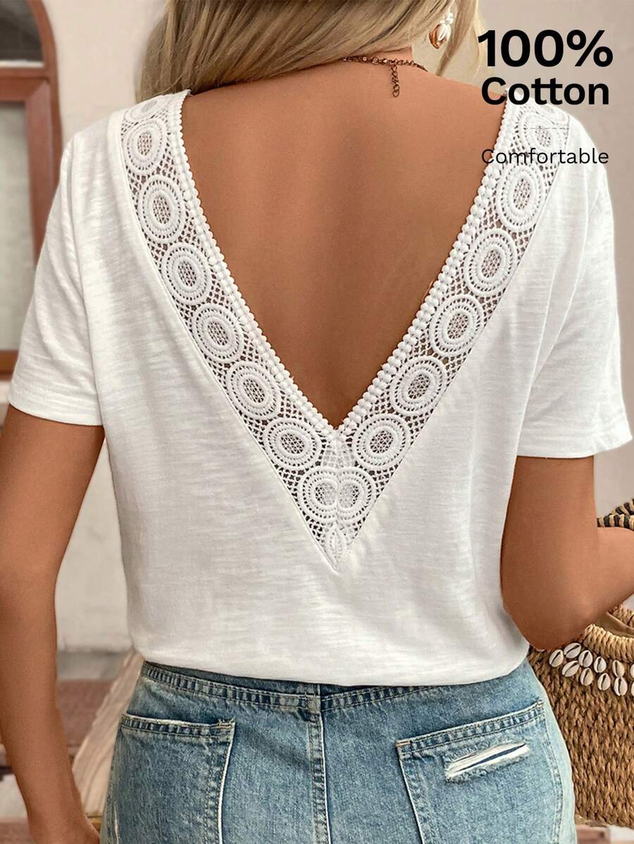 SHEIN Frenchy Summer Wedding Season Backless Lace Splicing Top, T-Shirt, White Must-Have, Summer Suit, Wedding Season Must-Have, French Style Casual - White - View 1