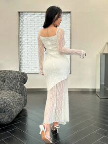 Modelyn Sukienka damska z długim rękawem i wzorem kwiatowym 3D z syrenką, elegancka - Biały - Zobacz 3