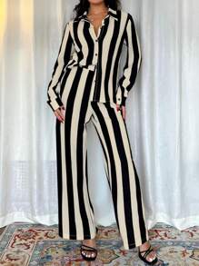 Chiquease 2 chiếc/bộ áo sơ mi dài tay kẻ sọc thanh lịch kiểu Pháp cho nữ và quần - Nhiều màu - Xem 5