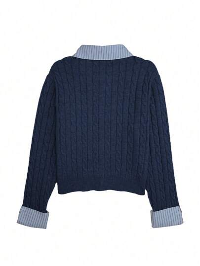 Franclia Áo len cardigan crop top chắp vá thời trang phong cách đại học 2 trong 1