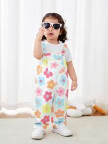 SHEIN Pelele con tirantes con estampado floral azul versátil y lindo para recién nacido niña