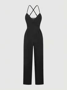SHEIN Privé Women's Sexy V-Neck Mesh Patchwork Sling Jumpsuit, Suitable For Commuting, Elegant, Sexy, Vacation, Beach, Romantic, Date, Valentine's Day, Concert, Performance, Party, Wedding, Back To School, Business, Teacher's Day - Black - View 2