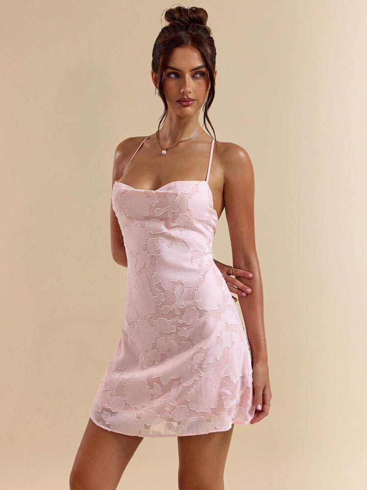 SHEIN BAE Pink Figure-Hugging Ruffled Off-Shoulder Lace Trim A-Line Supershort Mini Dress For Women, Spring/Summer,Pastel Dresses For Women,Backless Dress Vacation Outfits Women,Valentine's Day,Valentine Outfits For Women - Pink - View 6