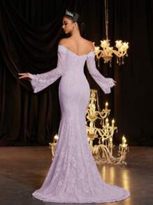 Glamrae Elegant Luxurious Off Shoulder Flared Elastic Lace Sexy Sheer Backless Mermaid Hem Maxi Dress, Suitable For Wedding, Party, Holiday, Graduation Season, Bride - Mauve Purple - View 4