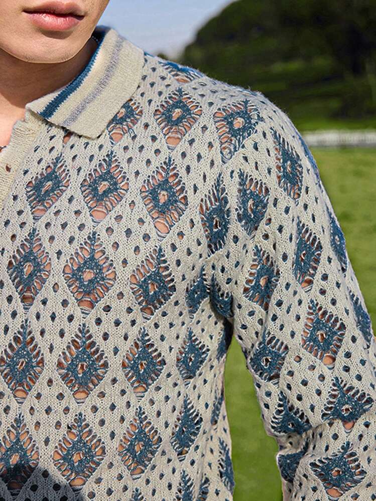 Manfinity CasualKnits Áo len cổ bẻ họa tiết nút cho nam - Nhiều màu - Xem 3