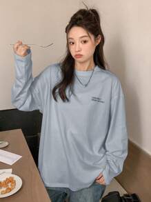 DAZY Women's Long Sleeve Drop Shoulder T-Shirt With Slogan Print - Blue - View 2