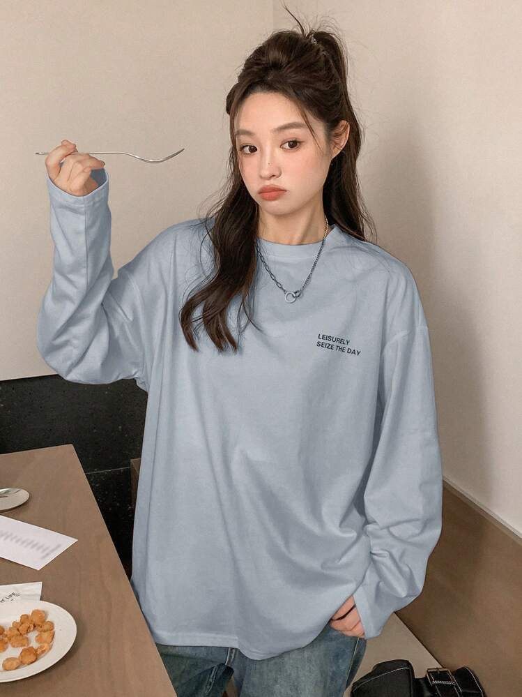 DAZY 女式长袖落肩 T 恤，带标语印花 - 藍色 - 查看 2