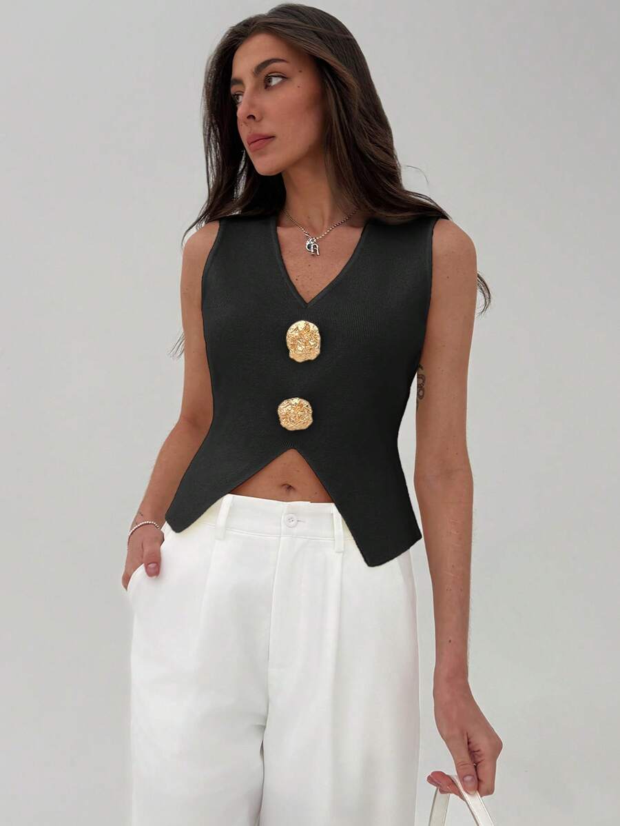 Aloruh Solid Color V-Neck Asymmetric Sleeveless Summer Knit Top - Black - View 1