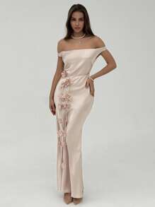 Aloruh Vestido de flores con hombros descubiertos y cinturón con sash para mujer, para boda/temporada