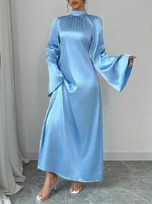 Elenzga Baby Blue Stretchy Faux Silk Satin Funnel Neck Long Flare Sleeve Wide Hem Dress Maxi Women Outfit - Blue - View 8