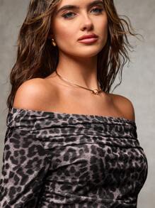 SHEIN BAE Women Leopard Print Pleat Off Shoulder Long Sleeve Top - Grey - View 6