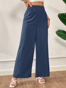 SHEIN Essnce Plus Size Women's Spring And Summer Fashion Casual Loose Super High Waist Dark Blue Wide Waist Wide Leg Pants,Women Bottom,Summer Outfits For Women,Vacation Outfits Woman,Minimalist,Baggy Pants,Curve Pants - Navy Blue - View 4