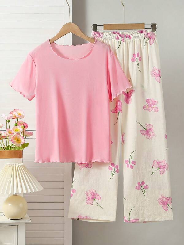 2 Stücke/Set elegantes lila Top und lässige lila bedruckte Hose für Teenager Mädchen, Pyjama-Set