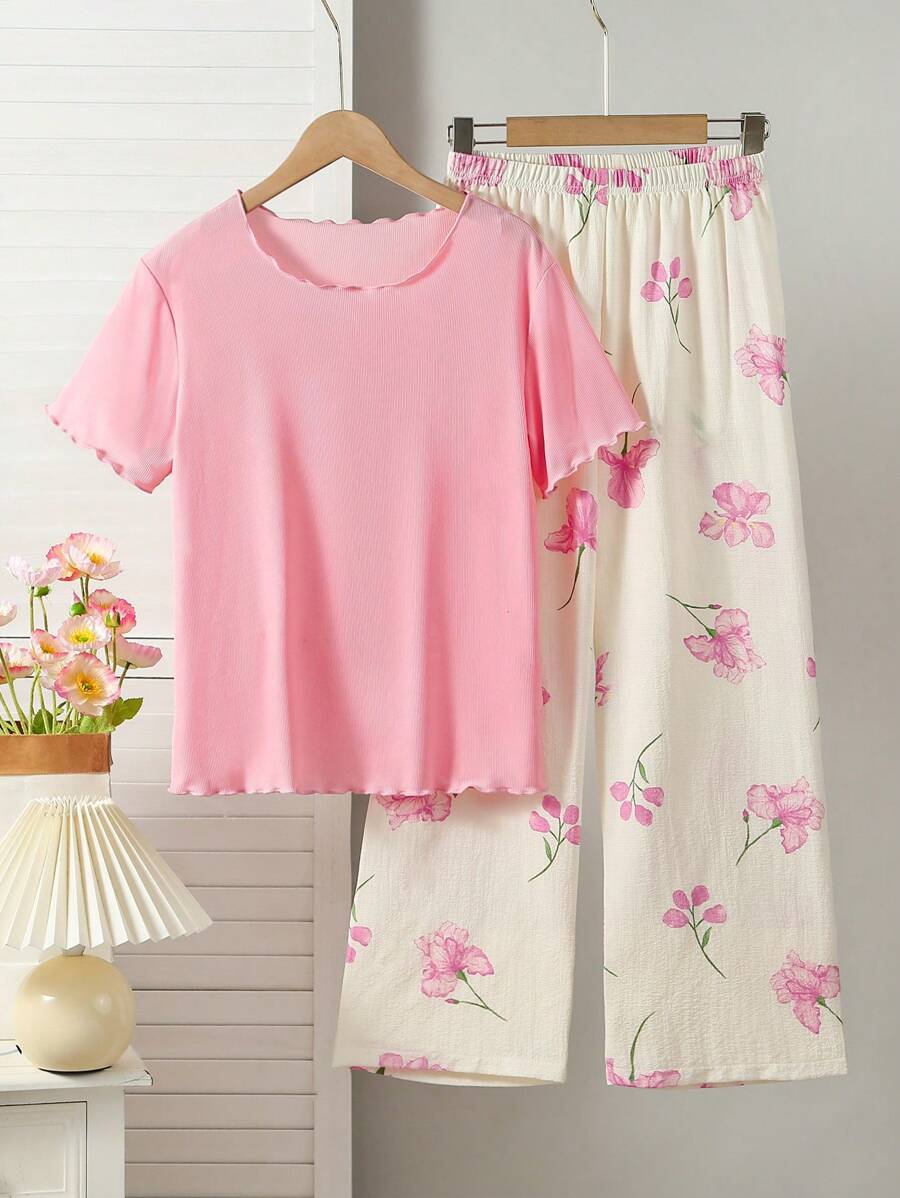 2 件套少女优雅纯紫色上衣和休闲紫色印花裤、睡衣套装 - 粉色 - 查看 1