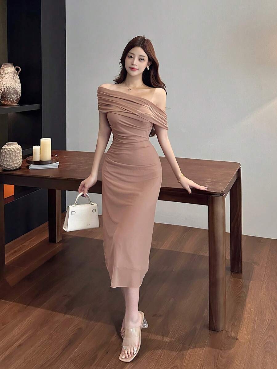 DAZY Off Shoulder Solid Ruched Side Mesh Overlay Homecoming Dress Elegant Sundress,Dress For Wedding,Back To School Clothes - Dusty Pink - View 1