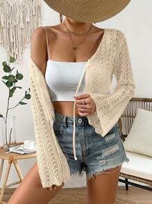 Breezaya 度假休闲纯色镂空系带喇叭袖开衫 - 杏色 - 查看 7