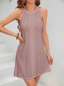 SHEIN VCAY Women's Holiday Embellishment Decoration Embroidery Halter Neck Dress