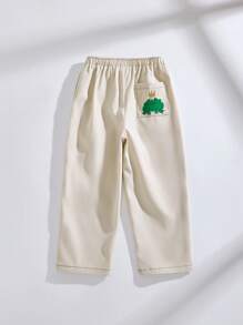 SHEIN Young Boys Basic Casual Style Elastic Waist Pants With Animal Print Pocket And Wooden Button, White Twill Fabric - White - View 2