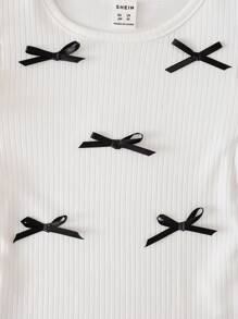 SHEIN 3pcs/Set Young Girls Short Cap Sleeve Bowknot Ribbed Snap Button Bodysuit - Multicolor - View 4