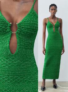 Maija 春夏新款绿色圆形金属纽扣节日优雅现代女式毛衣裙适合外出度假、节日、日常休闲、沙滩婚礼、情人节派对穿着老款90年代女装波西米亚风 - 綠色 - 查看 2
