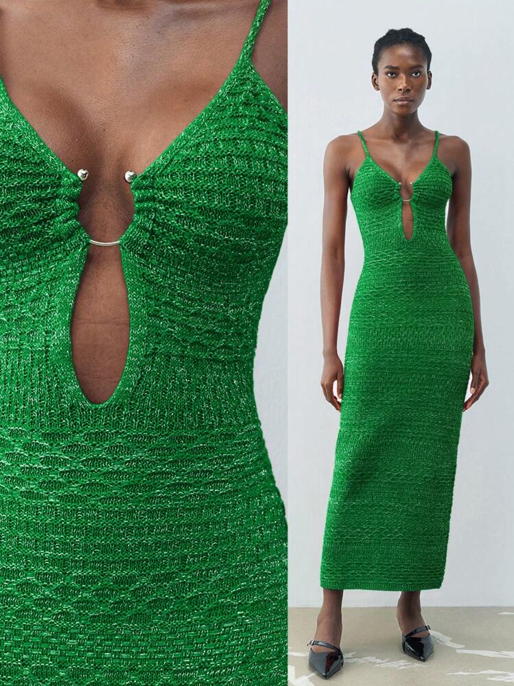 Maija 春夏新款绿色圆形金属纽扣节日优雅现代女式毛衣裙适合外出度假、节日、日常休闲、沙滩婚礼、情人节派对穿着老款90年代女装波西米亚风 - 綠色 - 查看 2