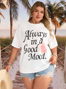 SHEIN VCAY Maglietta casual a maniche corte con scollo tondo, stampa floreale e scritta, adatta per vacanze in spiaggia, taglie comode - Bianco - Visualizzare 3