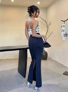 EastFlair Women's Long Floral Print Ruched Waist Bodycon Dress - Black - View 5