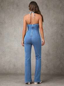 SHEIN BAE 女士牛仔背带裤和连体裤，简约时尚的设计，适合夏季 - 淺色水洗藍 - 查看 2