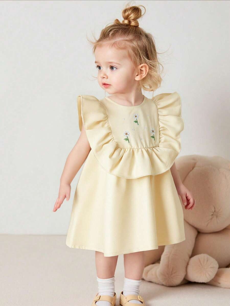 Girls Summer Dress, Baby Girl New Sleeveless Floral Print Fashion Princess Dress - Apricot - View 1