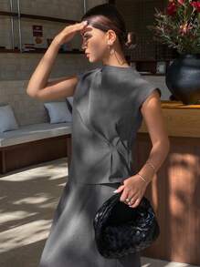 Livesso Old Money Casual Solid Color Pleated Tank Top + Long Skirt 2pcs Set For Women,Fall Clothes - Grey - View 5