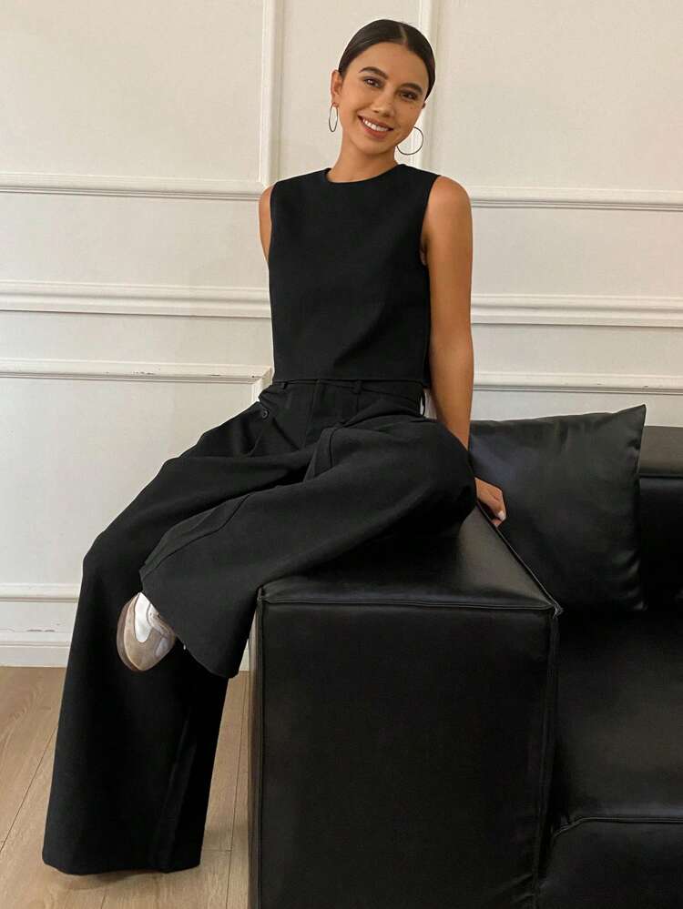 2pcs/Set Women Solid Color Round Neck Backless Cropped Tank Top And Wide Leg Pants, Elegant Summer Outfit Lounge Sets For Women
