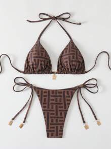 Swim Vcay Set de bikini de 2 piezas para mujer con estampado aleatorio, tirantes de espagueti y decoración metálica en estilo vintage para primavera y verano - Café integral - Ver 2