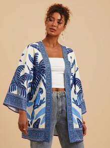 Travachic 女士梭织印花长袖宽松和服罩衫，春夏装，夏季装，沙滩装，女士西部装，春假装，女士音乐会装，波西米亚风，狂欢装，热带度假装，节日装，浪漫装，热带装 - 藍白色 - 查看 4