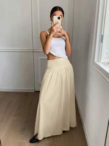 Serisse 女士长款纯色高腰百褶休闲裙 - 杏色 - 查看 2