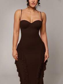 Silquee Váy dài hở lưng hở lưng màu đỏ thanh lịch gợi cảm cổ chữ V không tay nhiều lớp viền xếp nếp, nút kim loại trang trí hoa, thích hợp cho tiệc cocktail, hẹn hò lãng mạn, váy lưới đan, tiệc tùng, tụ họp trang trọng, váy phù dâu, đi chơi buổi tối, Halloween, Giáng sinh, váy siêu dài - Cà phê nâu - Xem 4