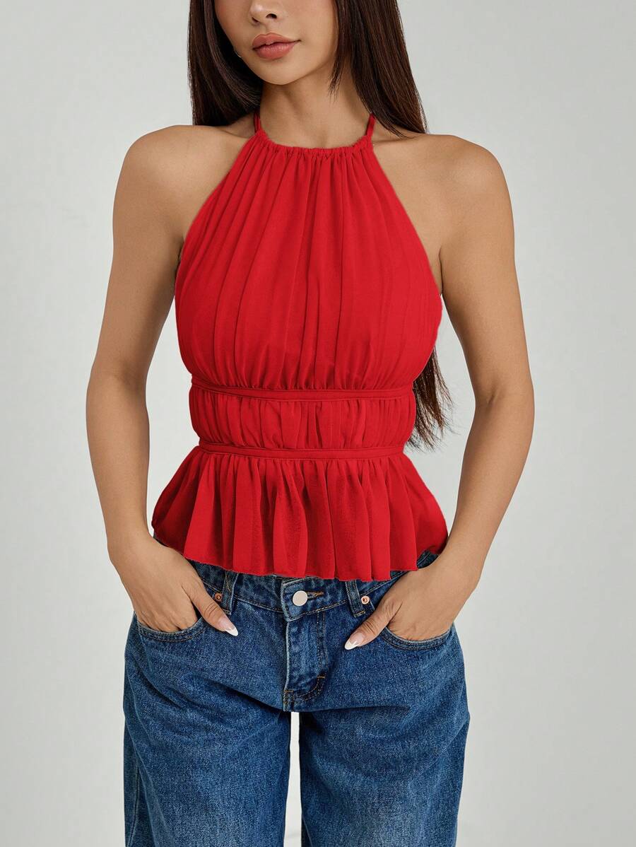 SHEIN PETITE Women's Pleated Halter Neckline Waist-Tied Backless Tank Top - Burgundy - View 1