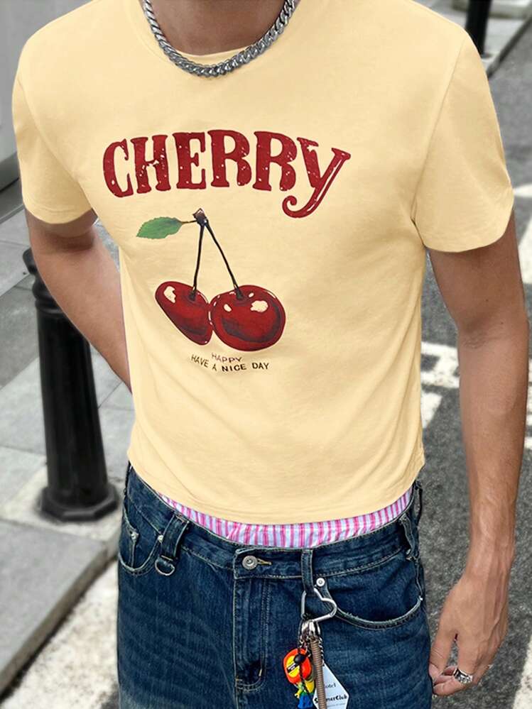 Manfinity VCAY 1 件装 男士 Y2K 服饰趣味休闲高街复古风格樱桃图案 T 恤 返校秋季服饰 万圣节服饰 - 黃色 - 查看 3