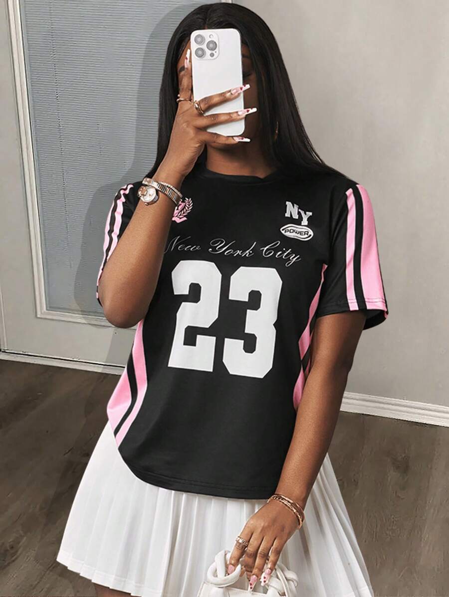 Slaydiva Graphic Tees Women Streetwear For Women Gyaru New Spring And Summer Casual Street Black With Pink Stripes 23 Letter Slogan Logo Full Printed Women's T-Shirt-B - Black - View 1