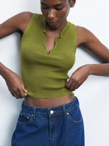 Maija 女士绿色无袖休闲性感针织背心，V领，罗纹面料，金属装饰，适合日常穿着、圣帕特里克节、春假等场合。 - 綠色 - 查看 4