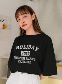 字母图案落肩T恤夏季超大T恤学院风上衣 - 黑色 - 查看 4